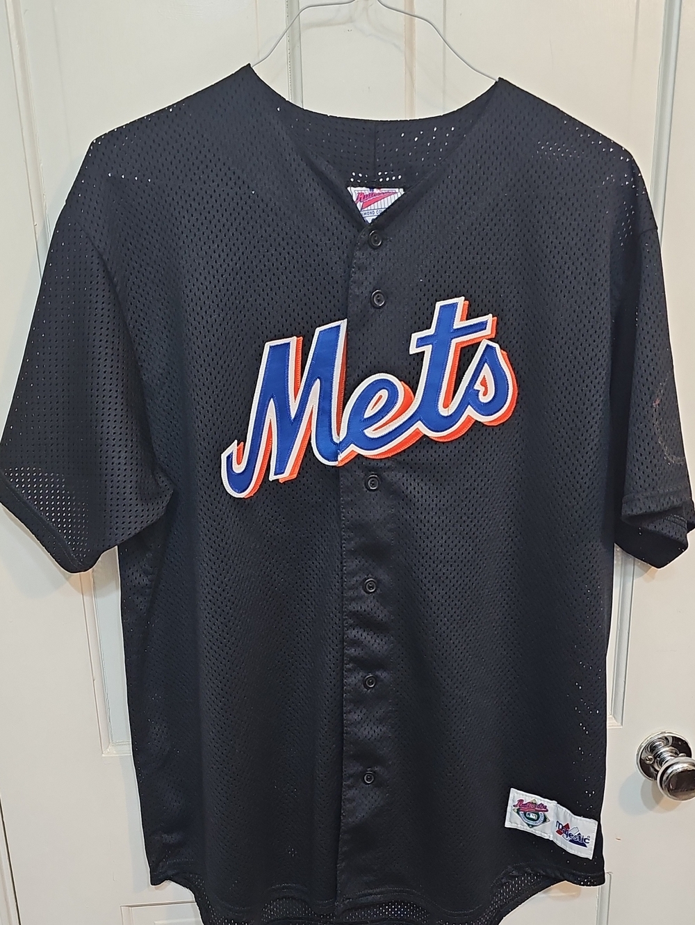 Majestic Black Mets Mesh Button-Up Jersey with Blue & Orange Script